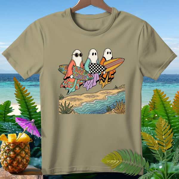 Three cartoon ghosts in robes carry surfboards with "Boo Crew" text.