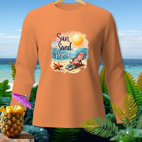 Orange long-sleeve shirt with "Sun Sand Repeat" beach graphic and pineapple drink.