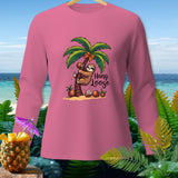Pink long-sleeve shirt with a sloth hanging from a palm tree and 