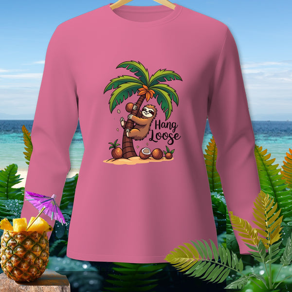 Pink long-sleeve shirt with a sloth hanging from a palm tree and "Hang Loose" text.