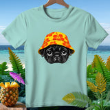 Light blue t-shirt with a pug wearing a floral bucket hat