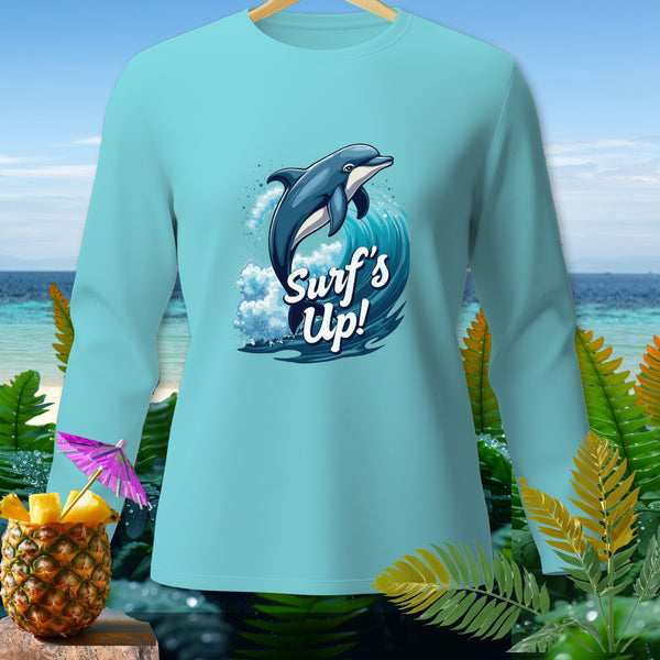 Light blue long-sleeve shirt with dolphin graphic and "Surf's Up!" text.