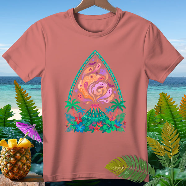 Coral t-shirt with a tropical volcano and ghost graphic, framed by a tropical beach background.