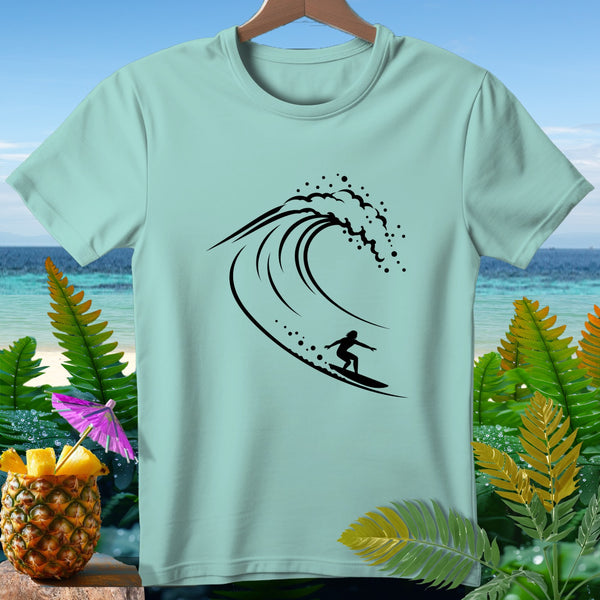 Light blue t-shirt with black surfer on a wave graphic.