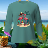 Teal long-sleeve shirt with two flamingos on chairs, text 