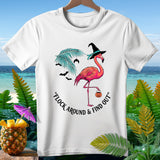White t-shirt with a flamingo in a witch hat and phrase 