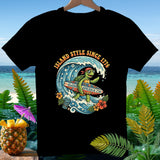 T-shirt graphic of a surfing turtle on a wave with 