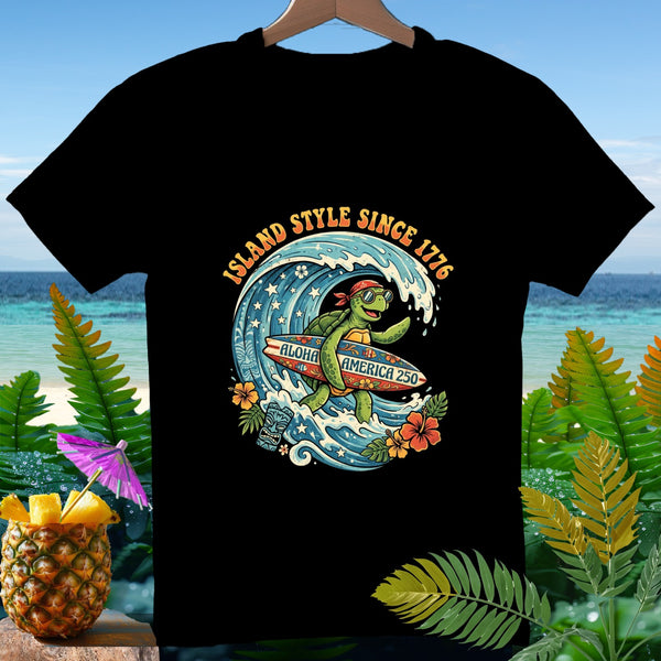 T-shirt graphic of a surfing turtle on a wave with "Aloha America 250" text.