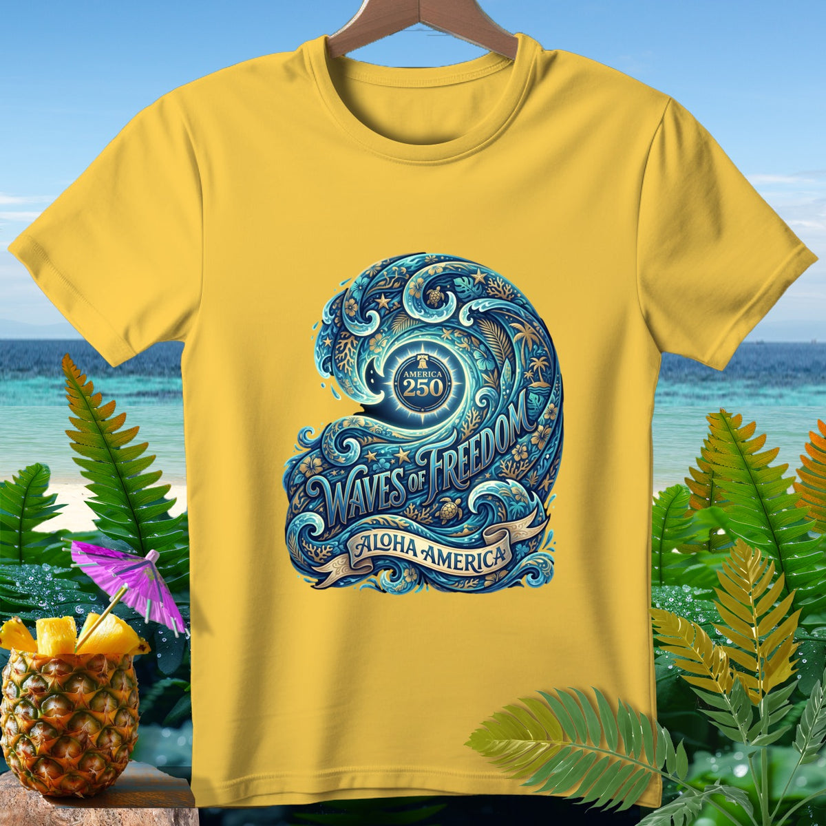 Yellow t-shirt with a blue wave graphic featuring "America 250" and "Waves of Freedom".