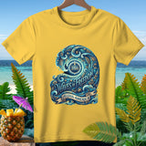 Yellow t-shirt with a blue wave graphic featuring 