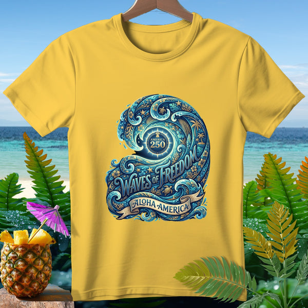Yellow t-shirt with a blue wave graphic featuring "America 250" and "Waves of Freedom".