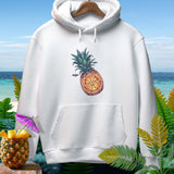 White hoodie with a jack-o'-lantern pineapple graphic and bats.