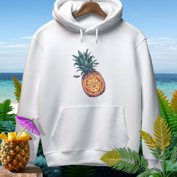 White hoodie with a jack-o'-lantern pineapple graphic and bats.