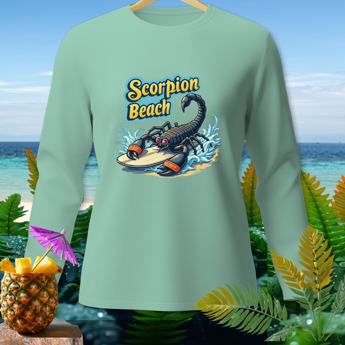 Light blue long-sleeve shirt with a scorpion on a surfboard and "Scorpion Beach" text.