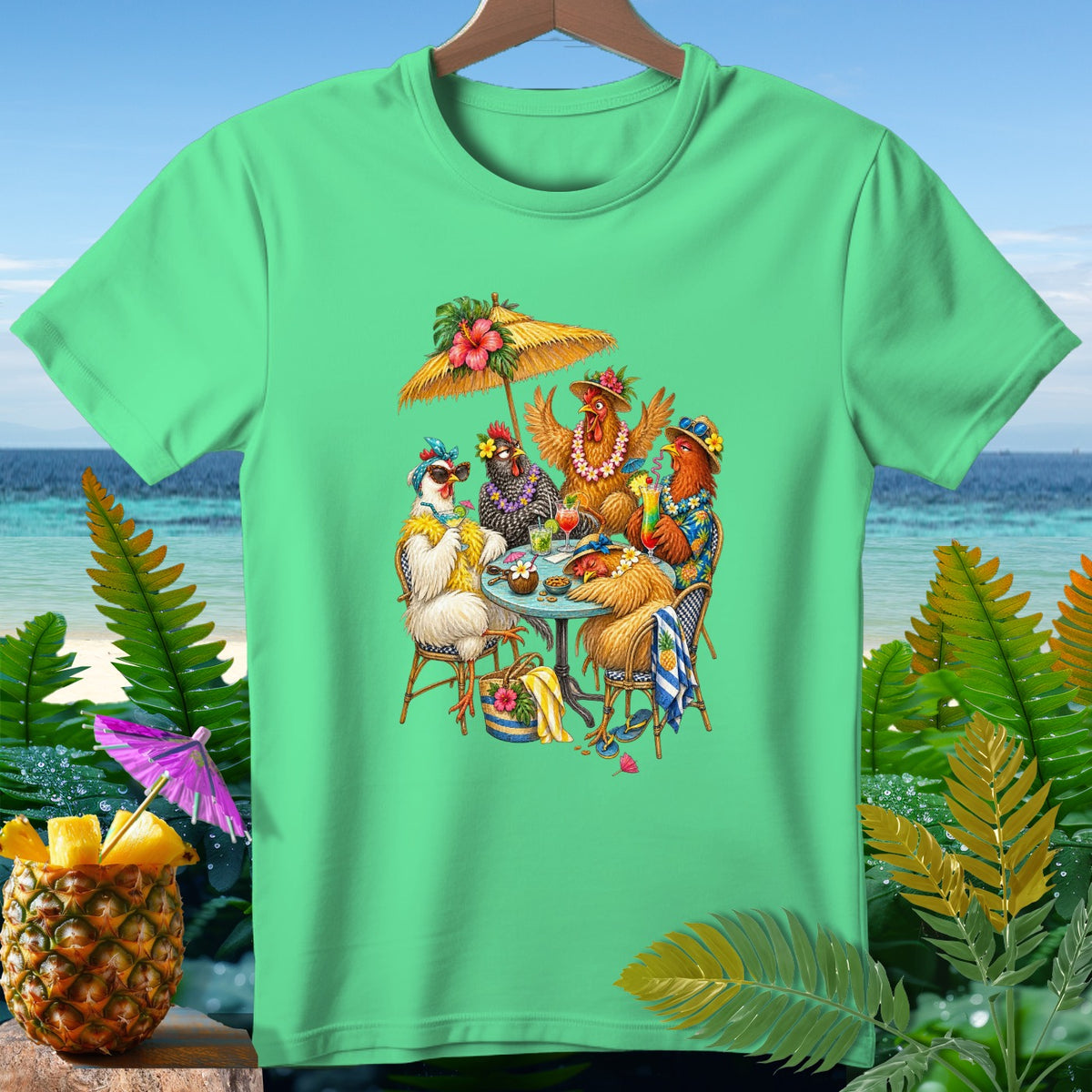 Chickens in tropical attire relax at a table with drinks under an umbrella.