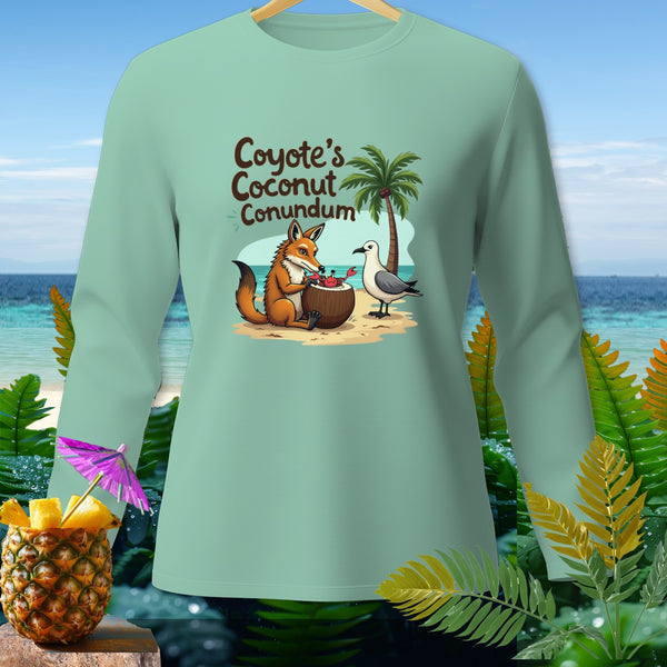 Mint long-sleeve shirt with cartoon fox and seagull on a beach.