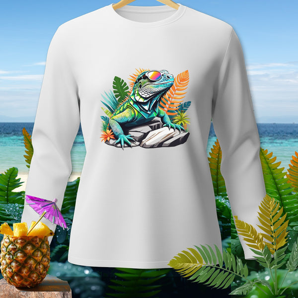White long sleeve shirt with a colorful cartoon iguana wearing sunglasses.