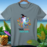 Color octopus in witch hat with beach items and text 