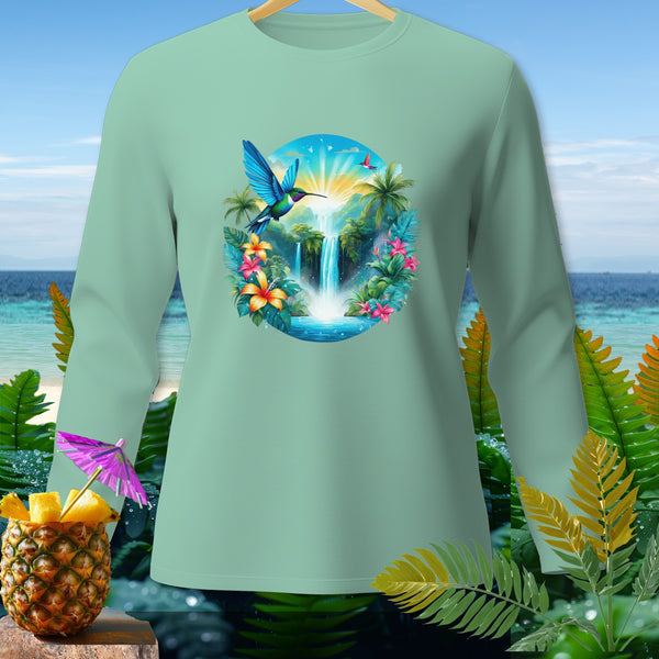 Light green long-sleeve shirt with tropical waterfall and hummingbird graphic.