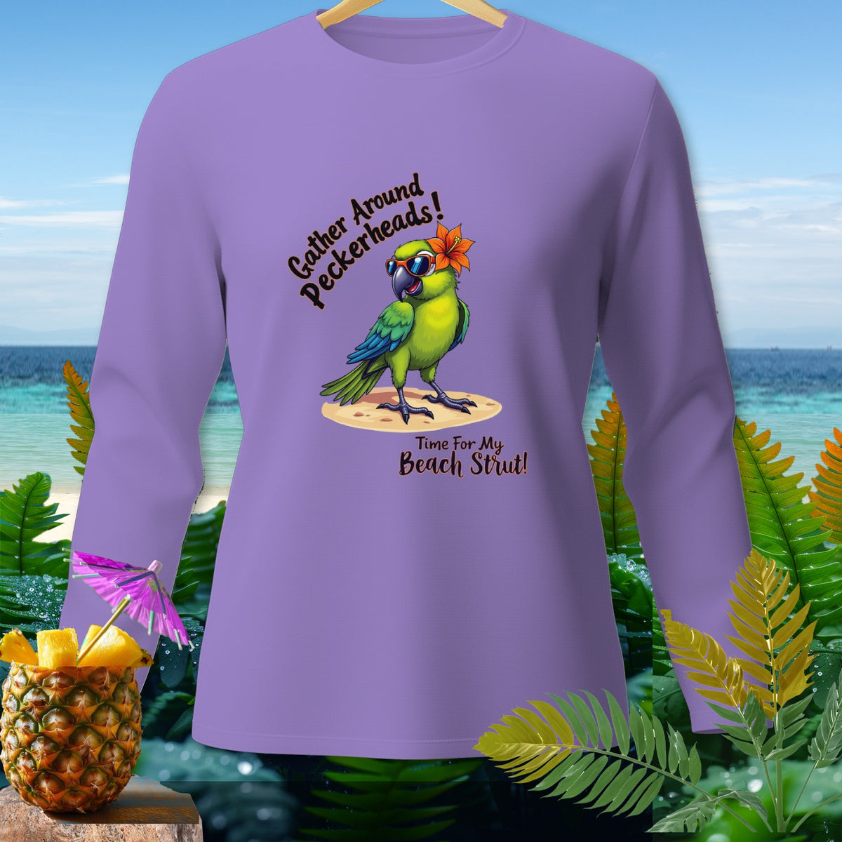Purple long-sleeve shirt with a parrot graphic and text "Gather Around Peckerheads! Time For My Beach Strut!".
