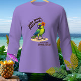 Purple long-sleeve shirt with a parrot graphic and text 