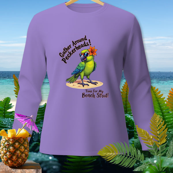 Purple long-sleeve shirt with a parrot graphic and text "Gather Around Peckerheads! Time For My Beach Strut!".