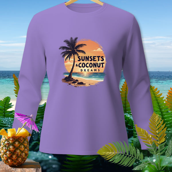 Lavender long-sleeve shirt with "Sunsets & Coconut Dreams" tropical graphic.
