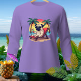 Purple long-sleeve shirt with graphic of pug relaxing on a beach chair holding a drink.