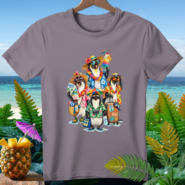 Four penguins in Hawaiian shirts and sunglasses on vacation with beach gear.