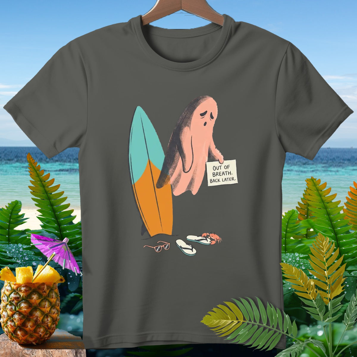 A pink ghost with a surfboard and a sign that says "Out of breath. Back later."