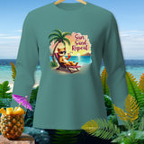 Teal long-sleeve shirt with a graphic of a dog in a lounge chair, 