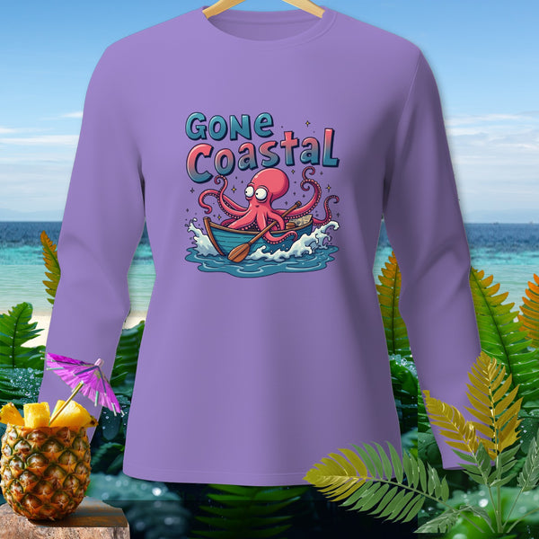 Purple long-sleeve shirt with a cartoon octopus in a boat, "GONE Coastal" text.