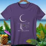 Purple t-shirt with crescent moon, boat on water, and text 