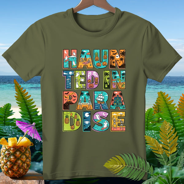 Green t-shirt with "Haunted in Paradise" text and Halloween beach-themed graphics.