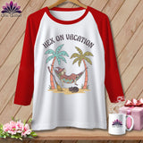 White raglan sleeve shirt with a witch napping in a hammock with text 