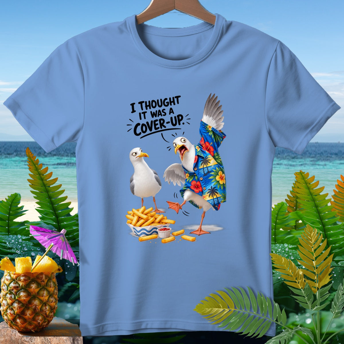 Seagulls near fries with text "I THOUGHT IT WAS A COVER-UP."