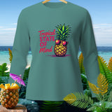 Teal long-sleeve shirt with sunglasses-wearing pineapple and text 
