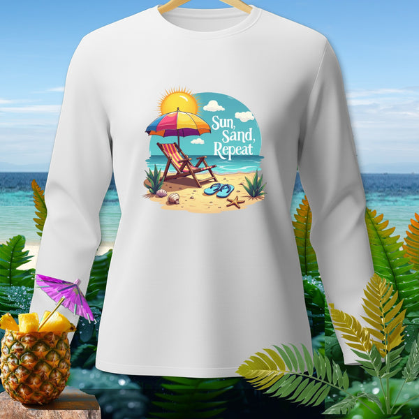 White long-sleeve shirt with "Sun, Sand, Repeat" beach graphic.