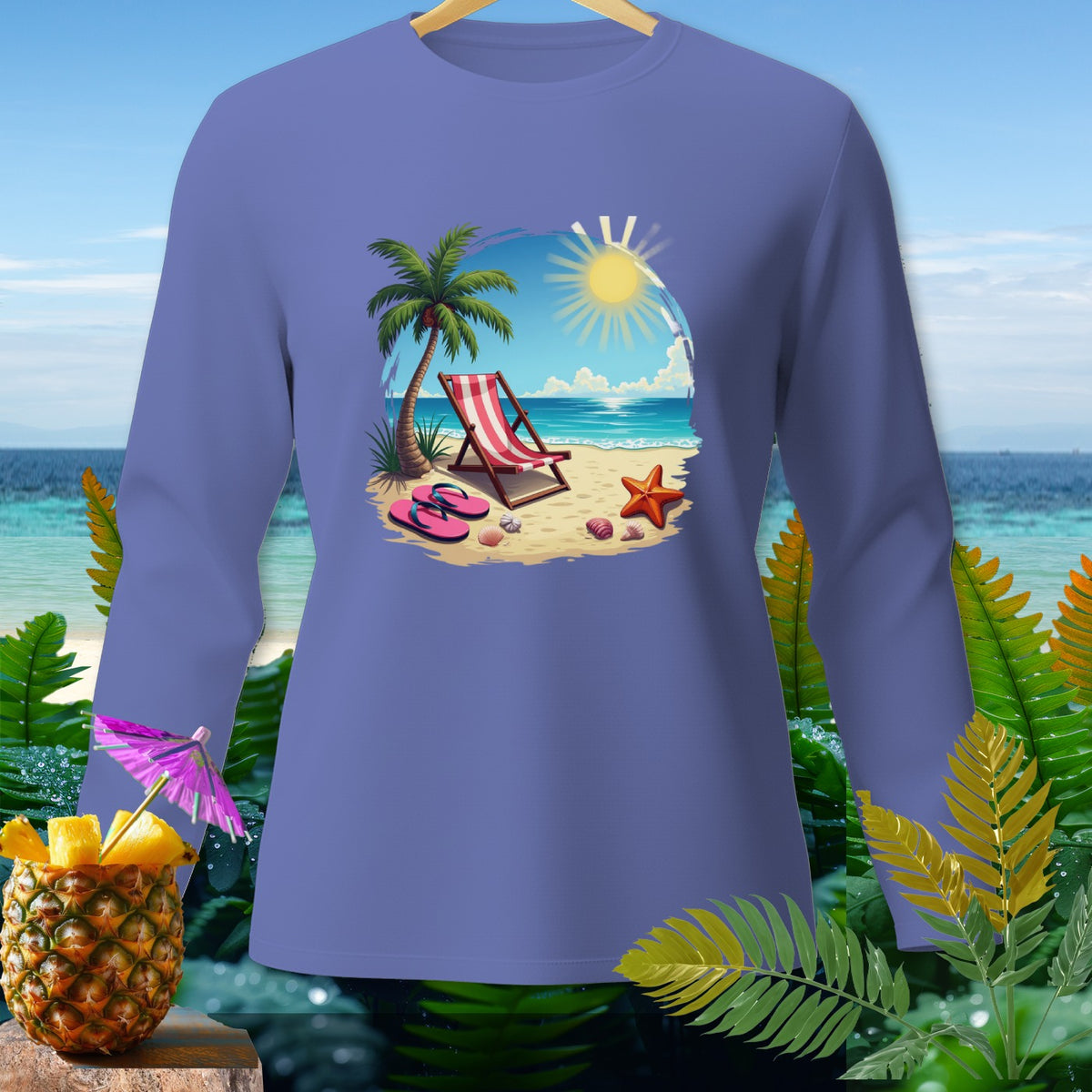 Purple long-sleeve shirt with a beach scene graphic: palm tree, chair, flip-flops, starfish.