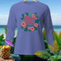 Purple long-sleeve shirt with "Aloha Vibes All Day Long" text and floral design.