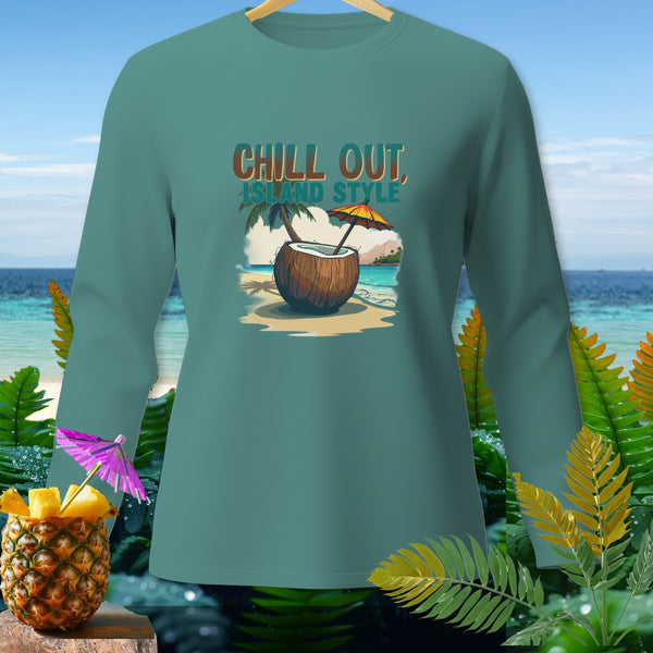 Teal long-sleeve shirt with "Chill Out, Island Style" graphic featuring a coconut drink.
