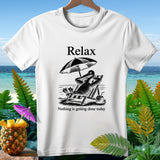 White t-shirt with black graphic of pelican relaxing on beach chair.