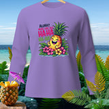 Purple long-sleeve shirt with a cartoon pineapple saying 