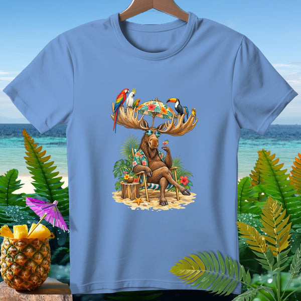 Moose with sunglasses and cocktail on a beach with parrots and toucan.