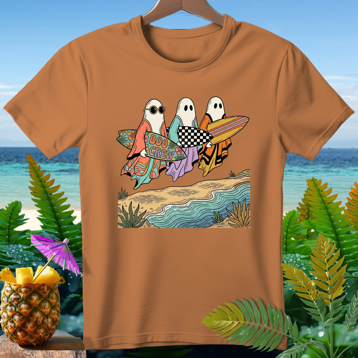 Three ghosts in colorful robes and sunglasses carry surfboards with "Boo Crew" text.