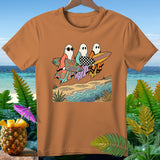 Three ghosts in colorful robes and sunglasses carry surfboards with 