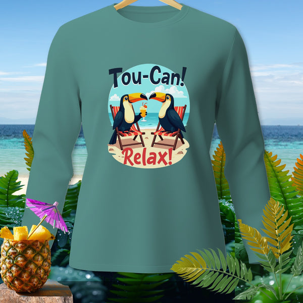 Long-sleeve shirt with toucans on beach chairs and text "Tou-Can! Relax!".