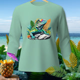 Light green long-sleeve shirt with an iguana graphic wearing sunglasses.