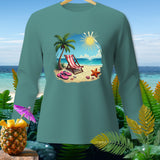 Long sleeve teal shirt with beach scene graphic including palm tree, lounge chair, and flip-flops.