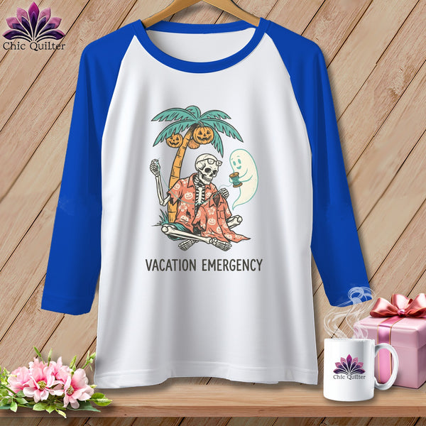 Raglan shirt with skeleton, ghost, palm tree, and "VACATION EMERGENCY" text.